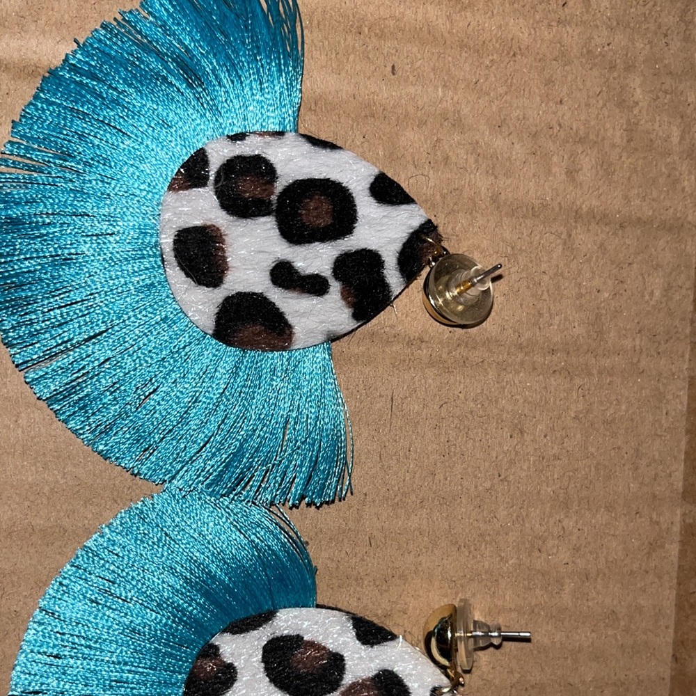 Cheetah print blue fringe earrings